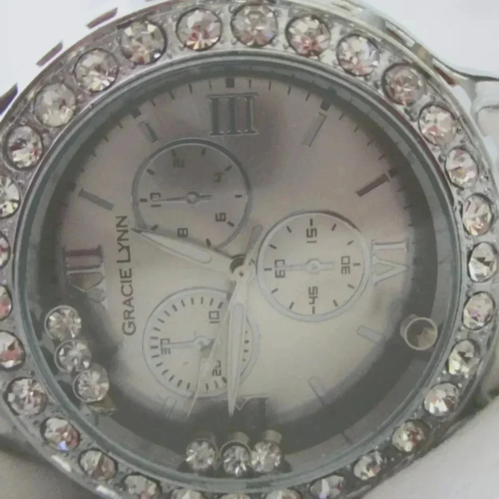 Gracie Lynn Watch White Buckle Band Round Face Silver Toned Rhinestones